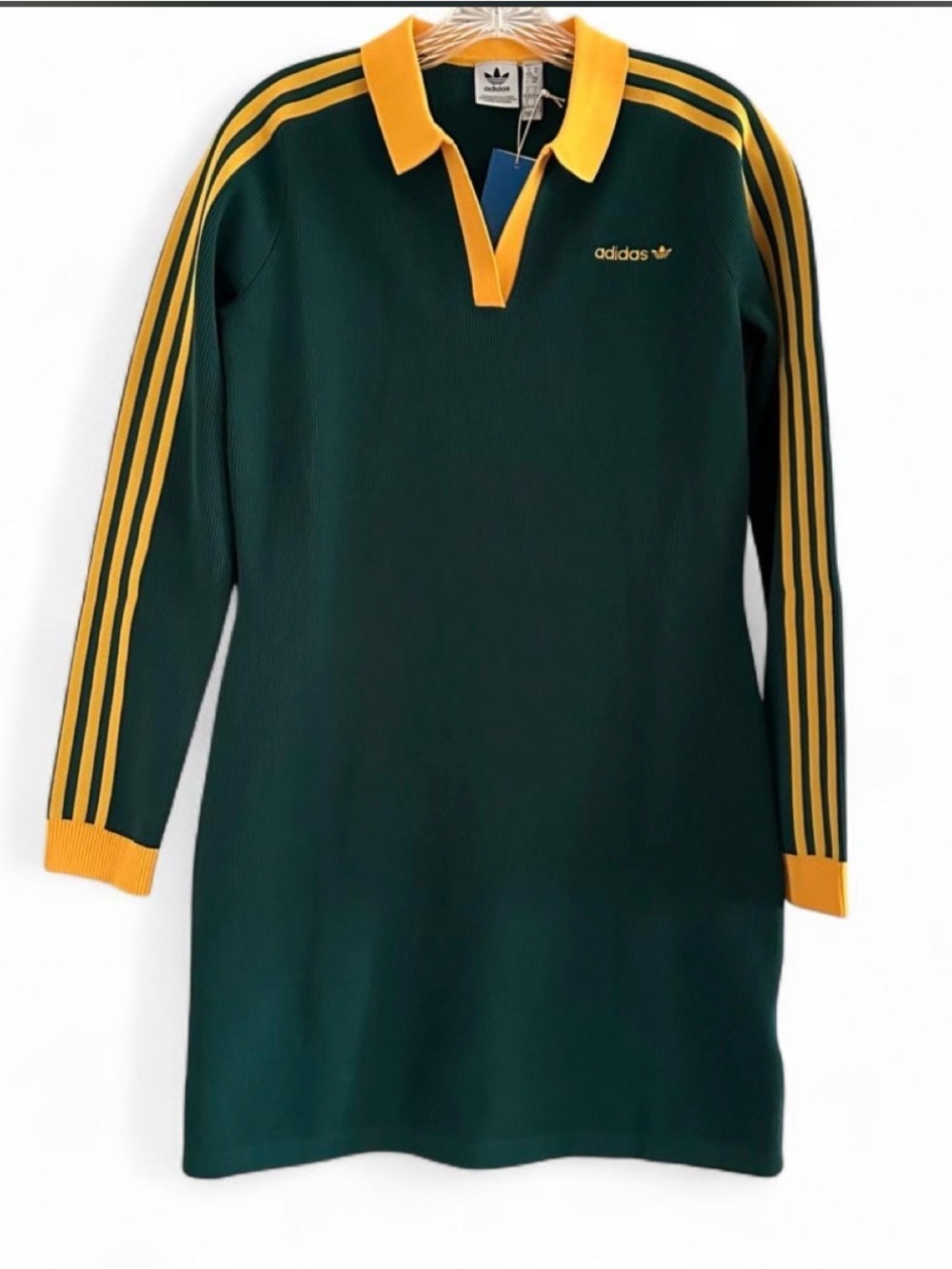 Adidas Originals Knit Polo Dress Dark Green w/ Yellow Collar & Stripes Women’s S